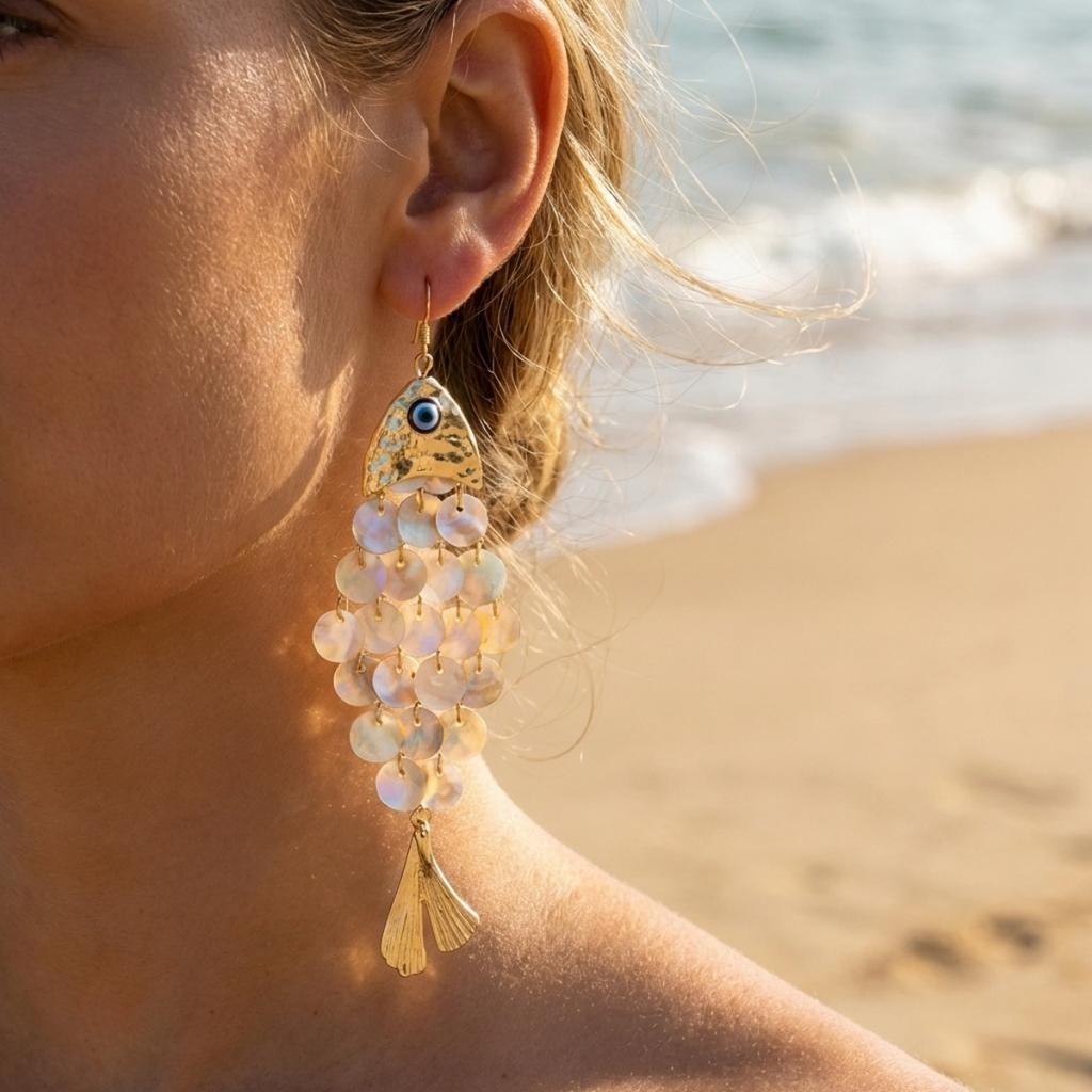 Colorful Acrylic Round Scale Splicing Tassel Fish Drop Earrings For Women Men Boho Beach Vacation Fish Earrings Summer Zircon