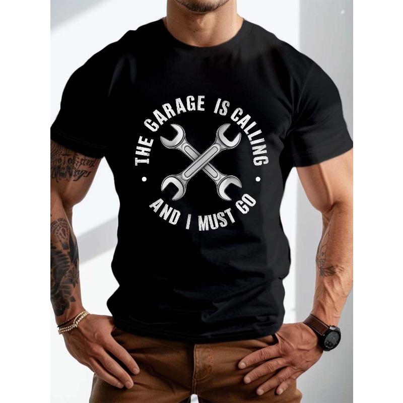 

European sizes Men s Summer T-shirt, THE GARAGE IS CALLING Print Short Sleeve Tees Trend Casual Tops For Daily Life, Big & Tall Guys XL