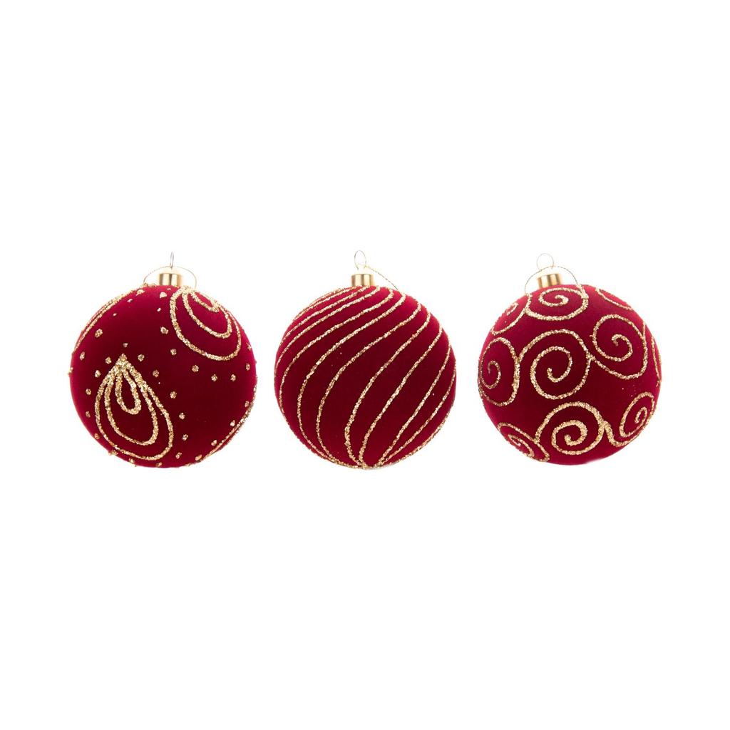 8cm bordeauxrote beflockte Weihnachtskugeln mit goldenem Glitzer-Muster, 24 Stück Geschenkbox-Set, 3 Muster Weihnachtsbaumschmuck