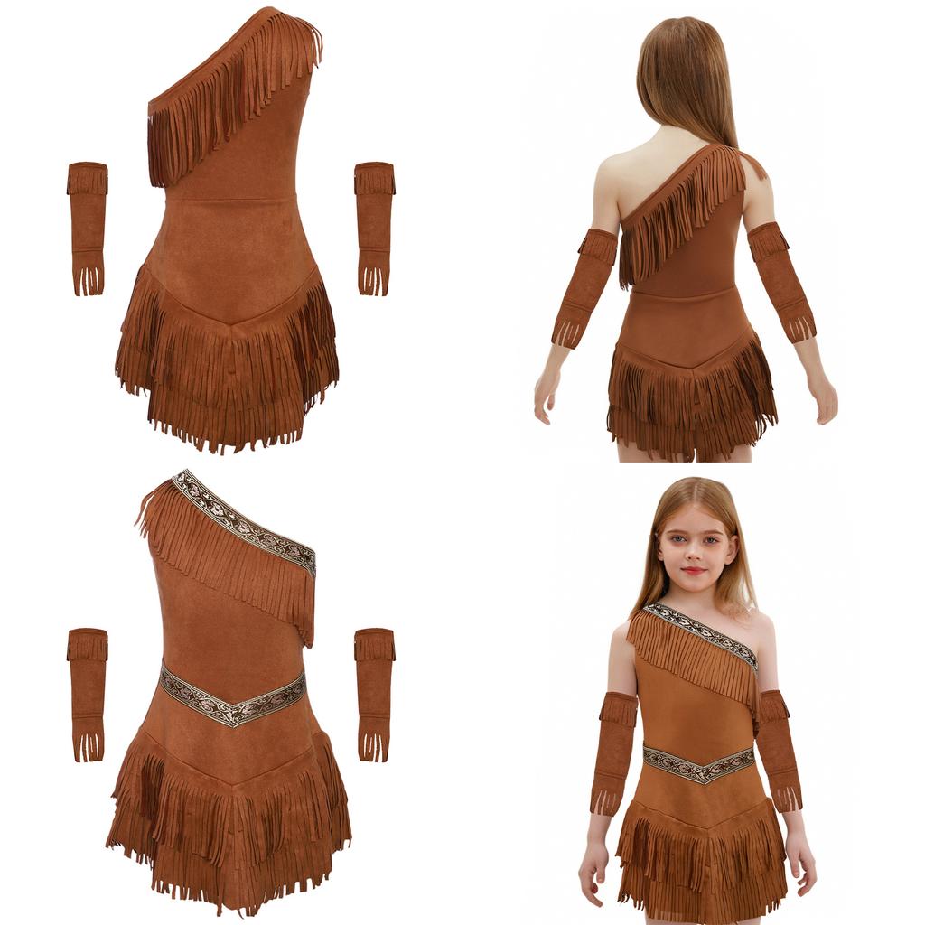 Native American Princess Fancy Dress Costume for Kids Girls - One Shoulder Sleeveless Fringe Suede Dress Tassel Sleeves Halloween Ball