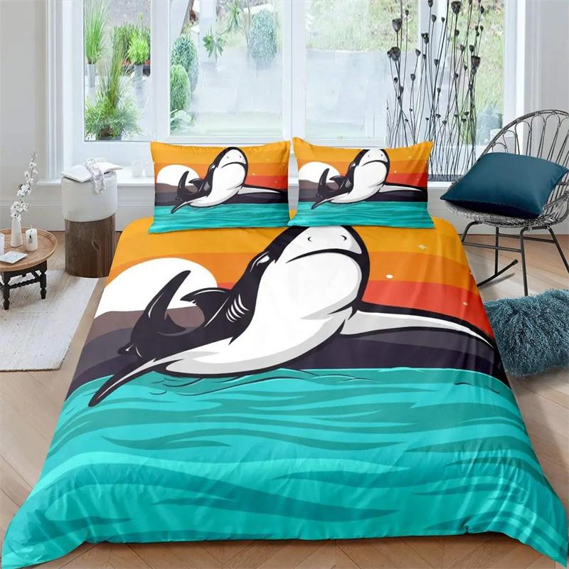 Blått och Vitt Tecknat Hajfiskmönster Barn Påslakan Pojkar Flickor Lyxig Rumsdekoration för Barn Tonåringar Gåva Queen Size