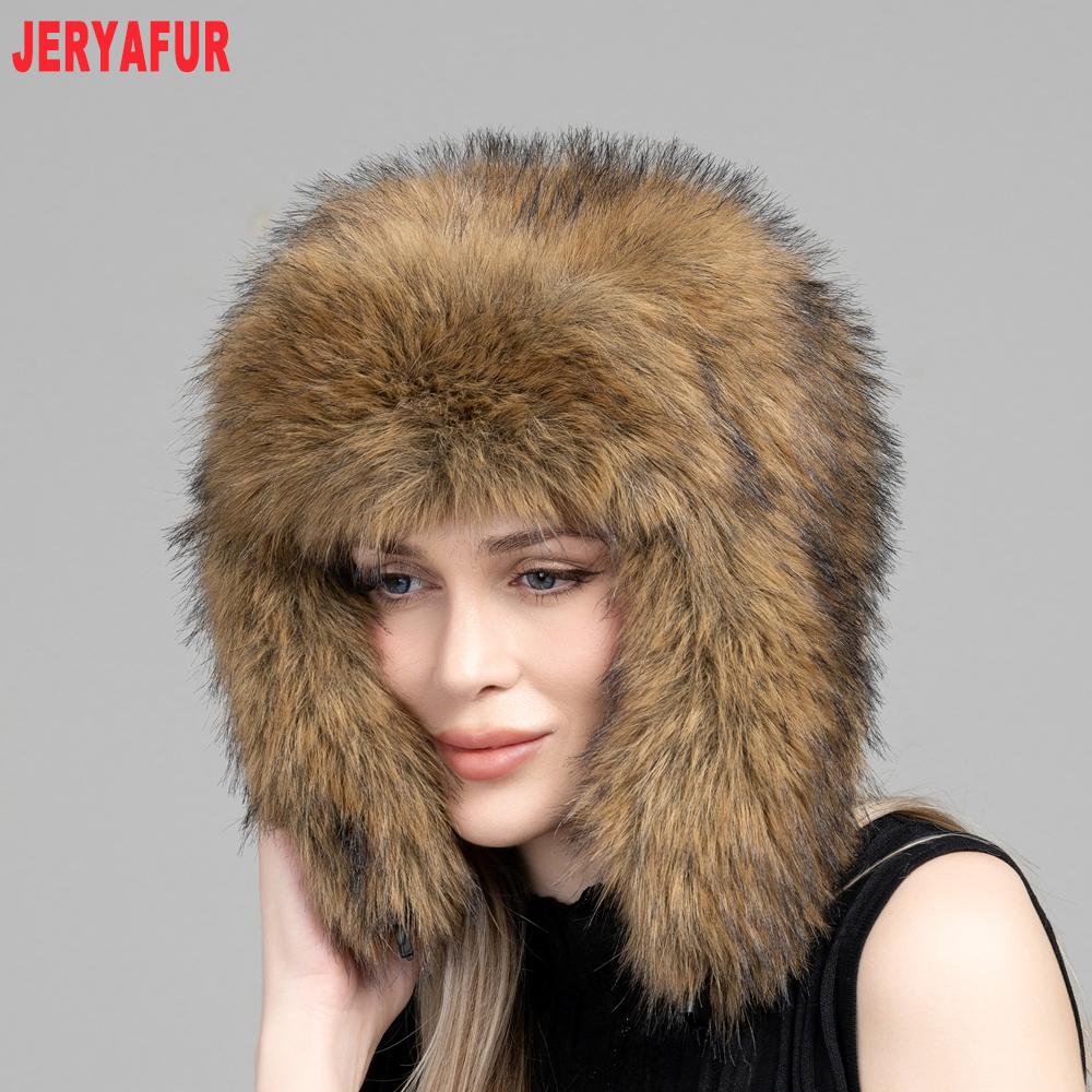 JERYAFUR Women Ushanka Trapper Winter Hat, Thick Faux Fur Ear Flap Warm Ladies Cap for Snowy Cold Outdoor Weather