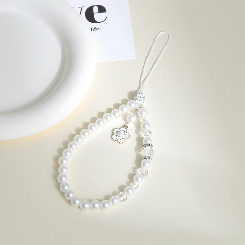Aesthetic Pearl Phone Strap with Camellia Charm, Beaded Phone Lanyard for Mobile Case, Fashion Anti-Loss Chain for Bag