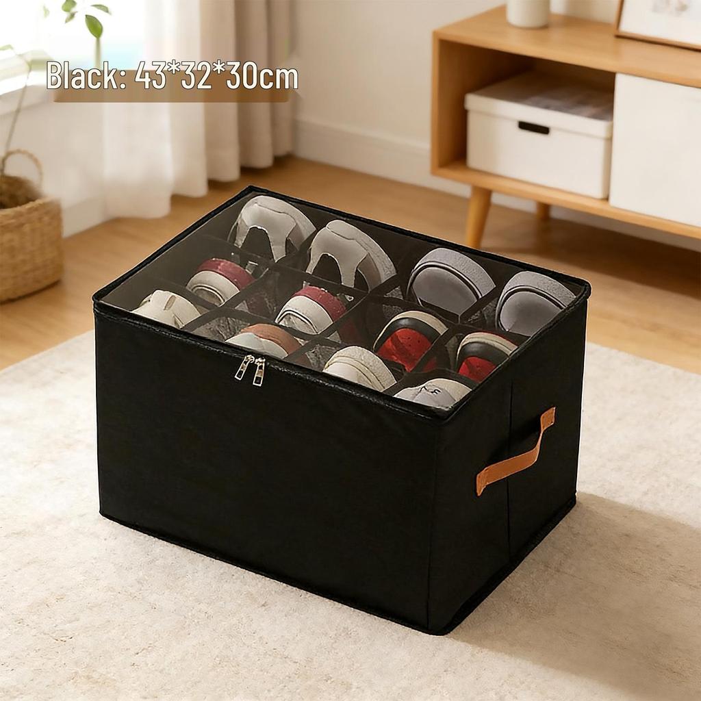 Large-Capacity Transparent Shoe Storage Box with Lid, Foldable 12-Grid Organizer, Dustproof.