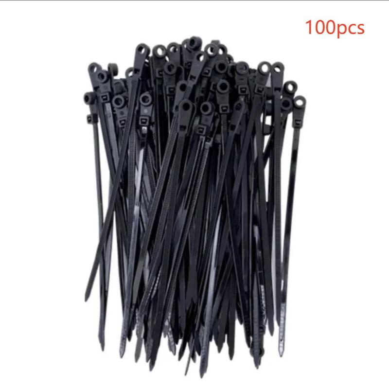 100 stk Kabelstrips med Skruehull Gjenbrukbare Faste Nylon Kabelstrips Selv-låsende Ledningsstrips Stropper Festekrok Kontororganisator
