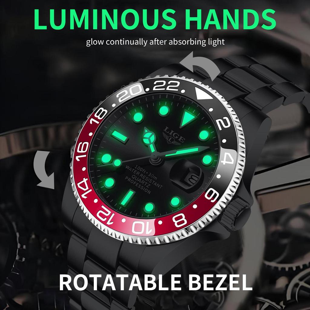 LIGE Men's Green Waterproof Quartz Calendar Sports Wristwatch