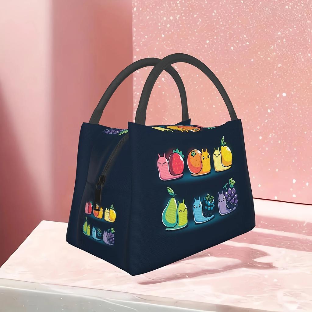 Versatile Insulated Lunch Bag with Fruit & Snail Design - Perfect for School, Office, Picnics & Beach Outings
