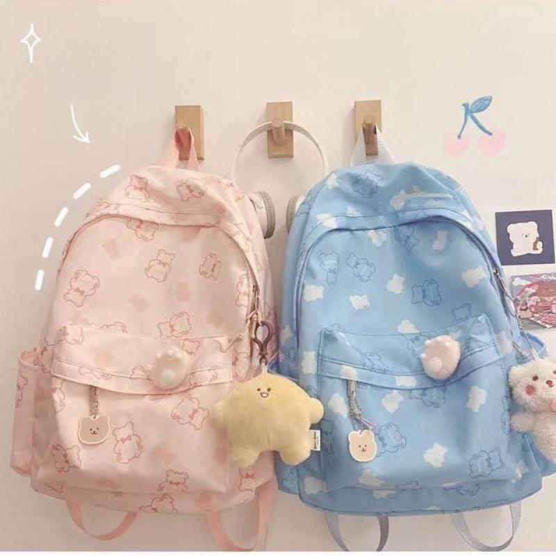 Bear Cartoon Print Backpack Versatile Soft Girl School Bag Teenage Girl Backpack