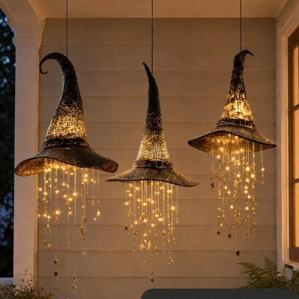 Glowing LED Witch Hat Hanging Chime Hollow Out Halloween Witch Hat Decor Halloween Party Decor