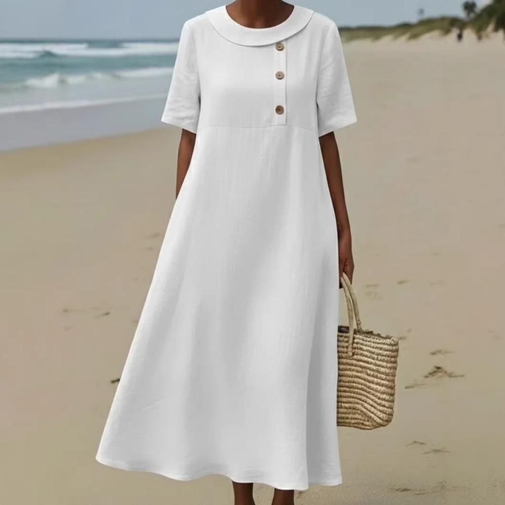 Vestido Casual Vintage de Mujer con Botones, Cuello Redondo, Corte Holgado