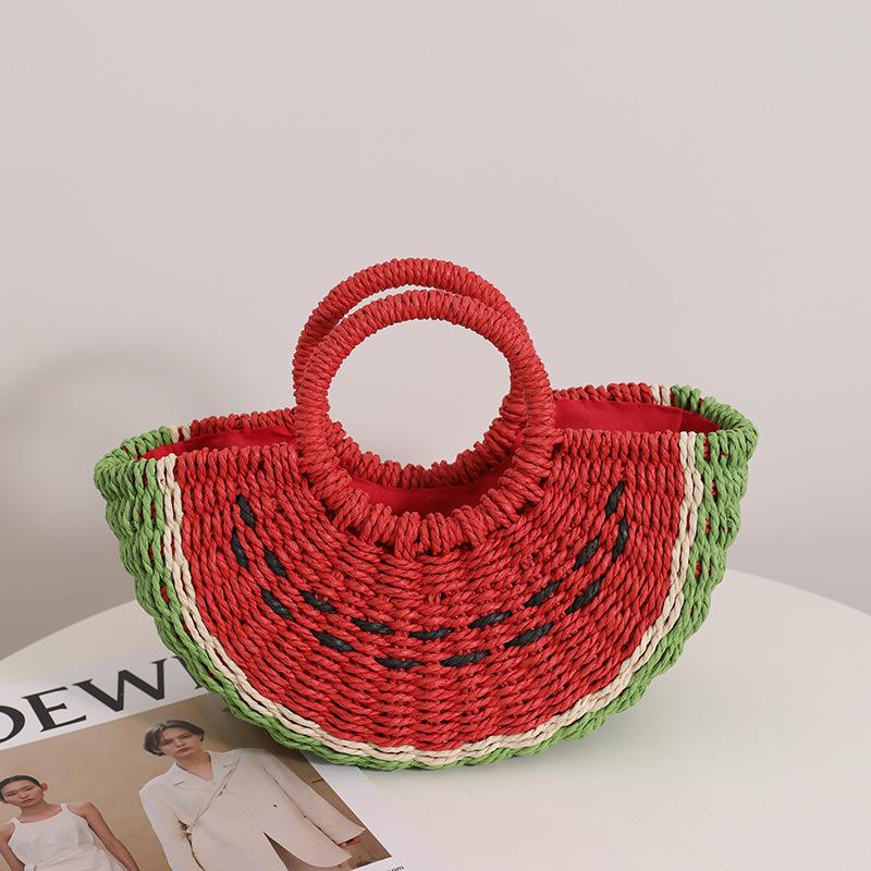 

Cute Watermelon Straw Bag Candy Color Woven Bags for Women Handbag Fruit Kiwifruit Beach Bag Bohemian Crochet Travel Bags Clutch 27x12x8cm
