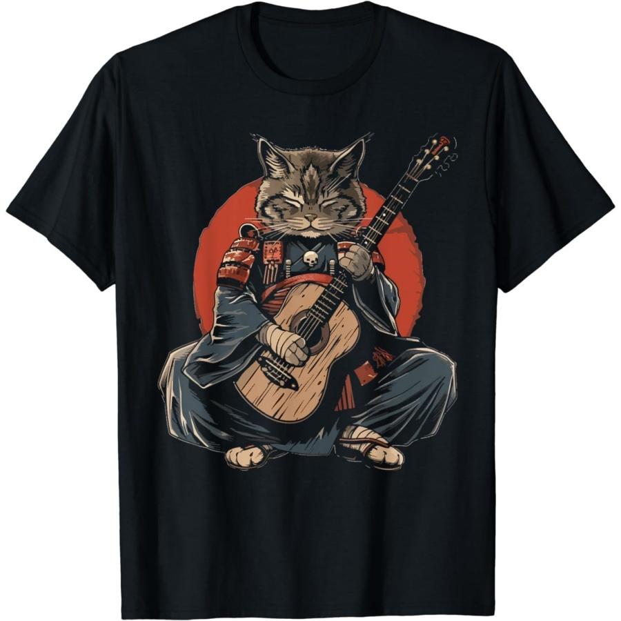 ZHANGZHUNN Japanese Samurai Cat Playing The Electric Guitar Anime Manga T-Shirt S