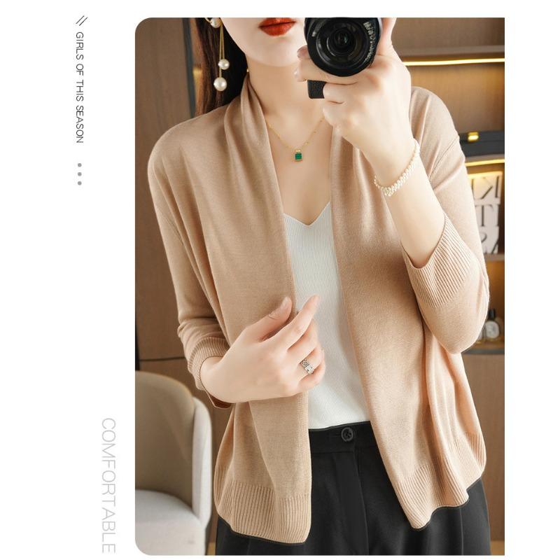 Dünne Strickjacke aus Eisseide und Leinen für Damen, langärmelig, Strickmode, locker, elegant, Schal, lässiger Mantel, einfarbig, einfaches Grundmodell, Pendeln, Frühling, Herbst