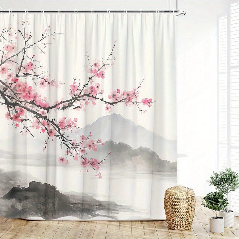 

Pink Plum Blossom Ink Painting Style Shower Curtain, Made Of Polyester Fabric, Machine Washable Suitable For Bathroom Decoration W60H190(CM)-1 Pcs