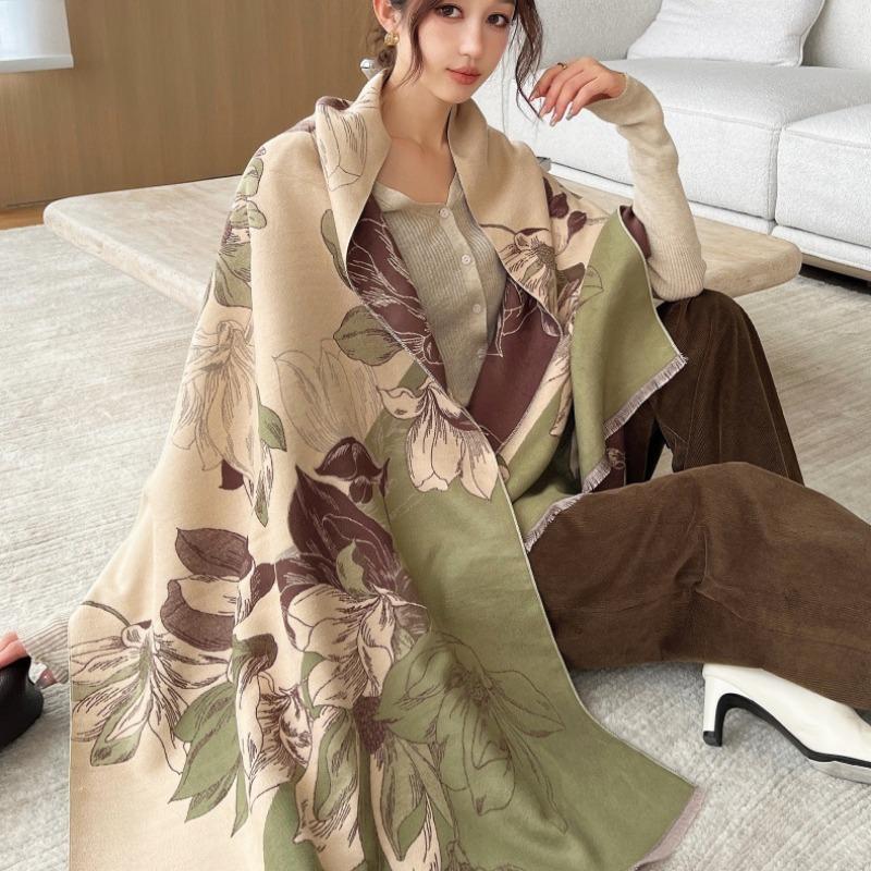 Autumn and winter magnolia floral imitation cashmere scarf thickened shawl fresh and sweet versatile cold-proof warm scarf