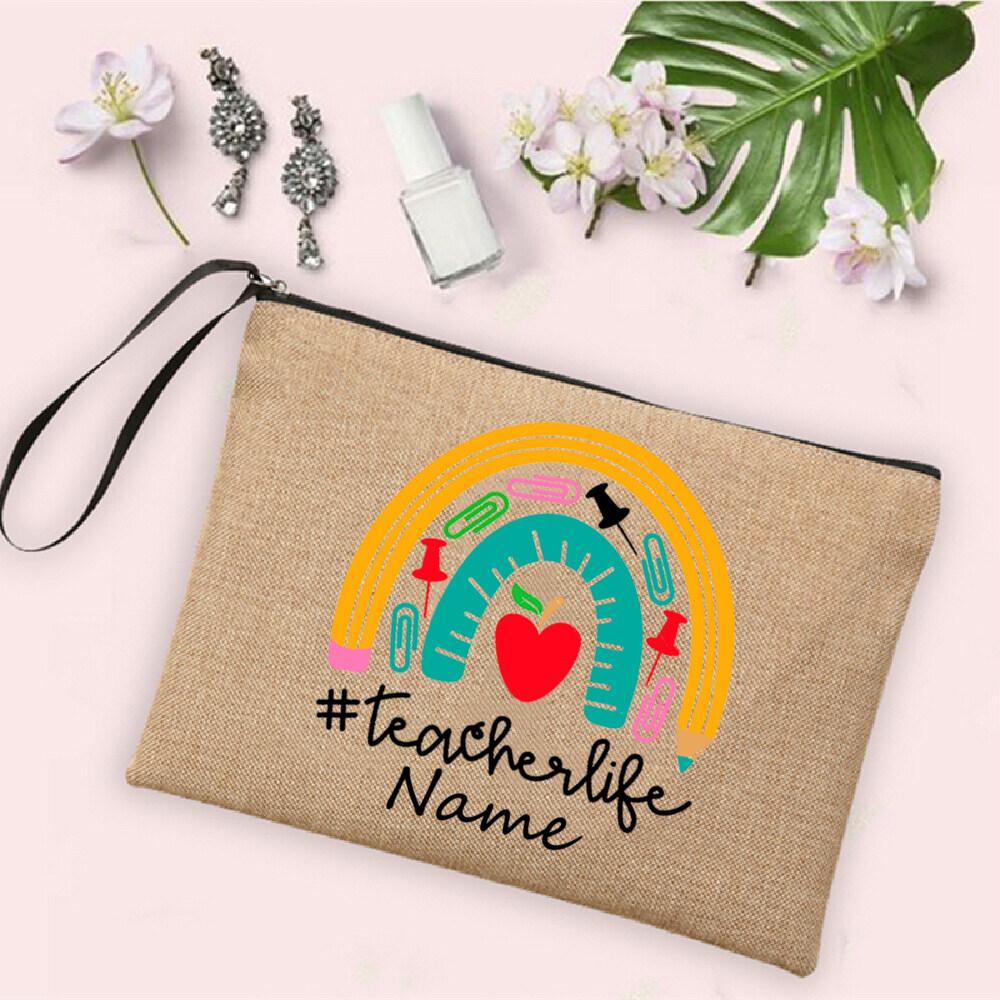 Rainbow Teacher Pencil Case Personalized Custom Name Linen Stationery Supplies Storage Bags Travel Neceser Makeup Bag Best Gifts
