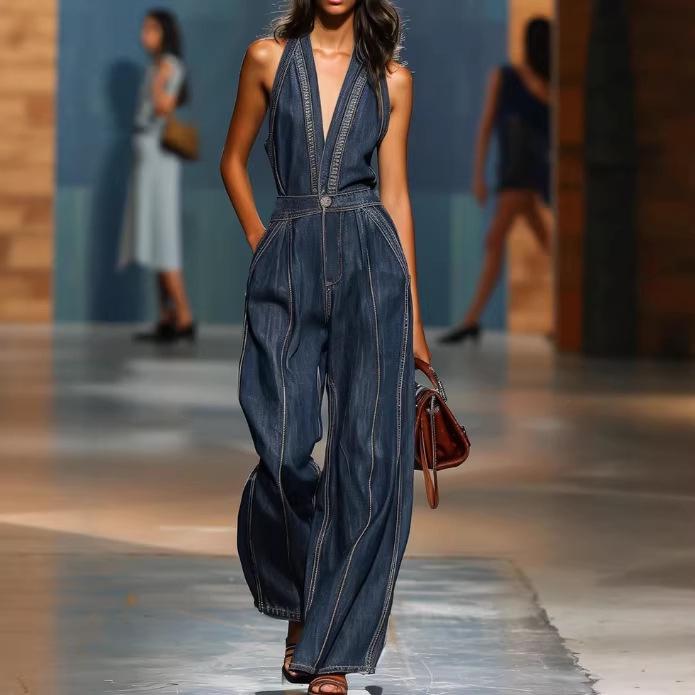 2026 Retro V-Neck Sleeveless Wide-Leg Denim Jumpsuit