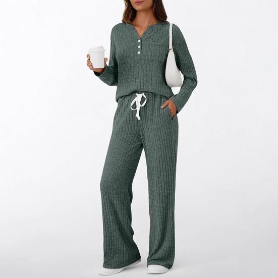 Women's 2 Piece Lounge Outfits Casual Long Sleeve Top Wide Leg Pants Pajamas Set Ribbed Sweater Sleepwear