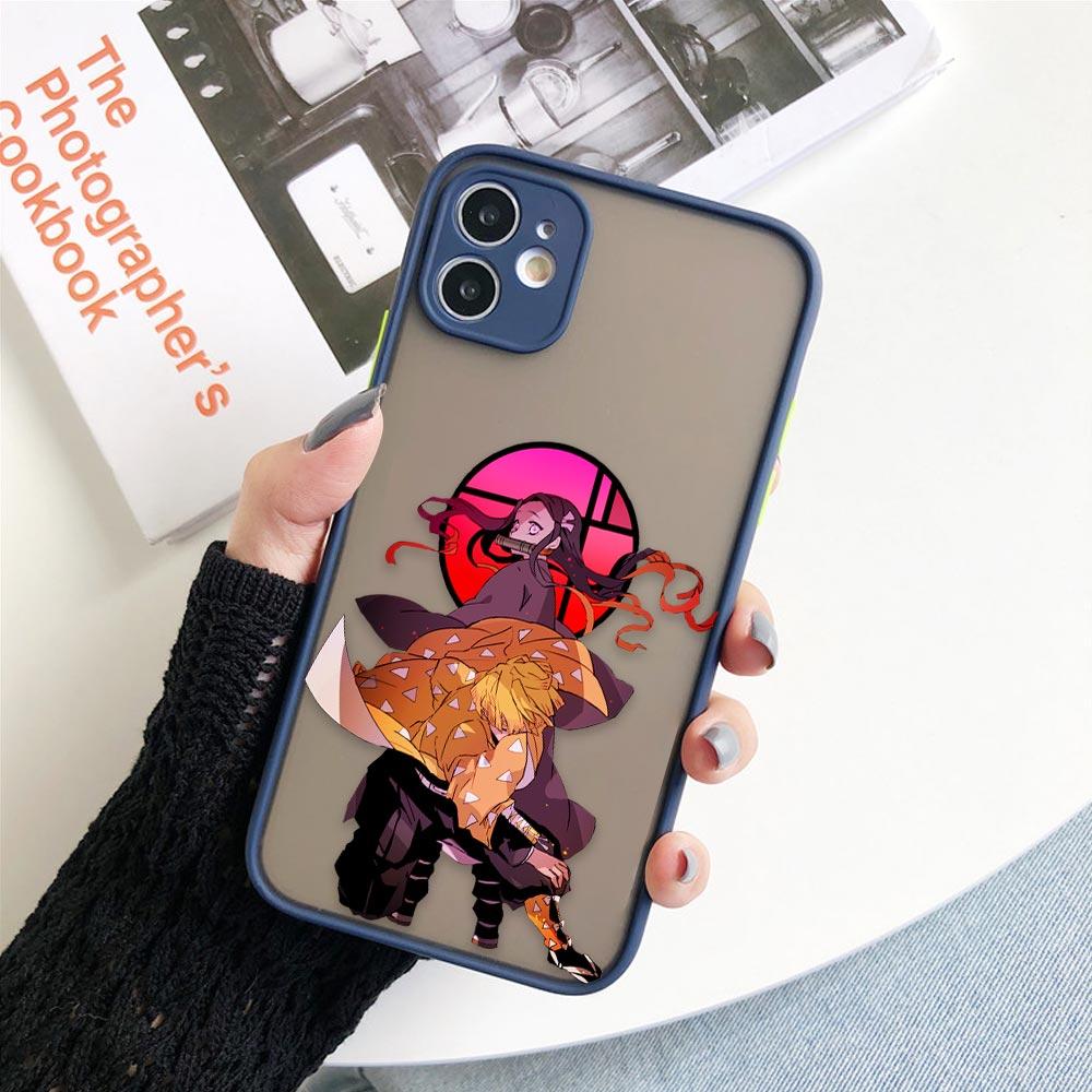 Matte Case For iPhone 11 12 13 14 Pm Pro Max XR X 8 7 Plus Pro XS Mini Skin Feeling Cover Fundas Shell Japan Anime Demon Slayer