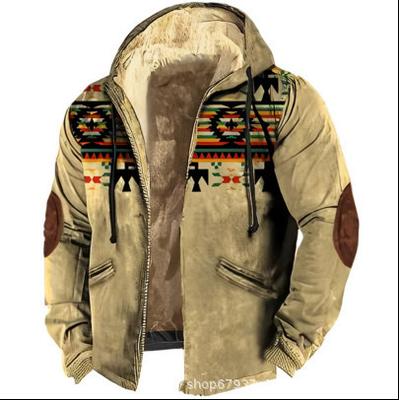 Multi-Color Pattern Print Digital Print, Zipper Hooded Sweater Brown Cotton Coat