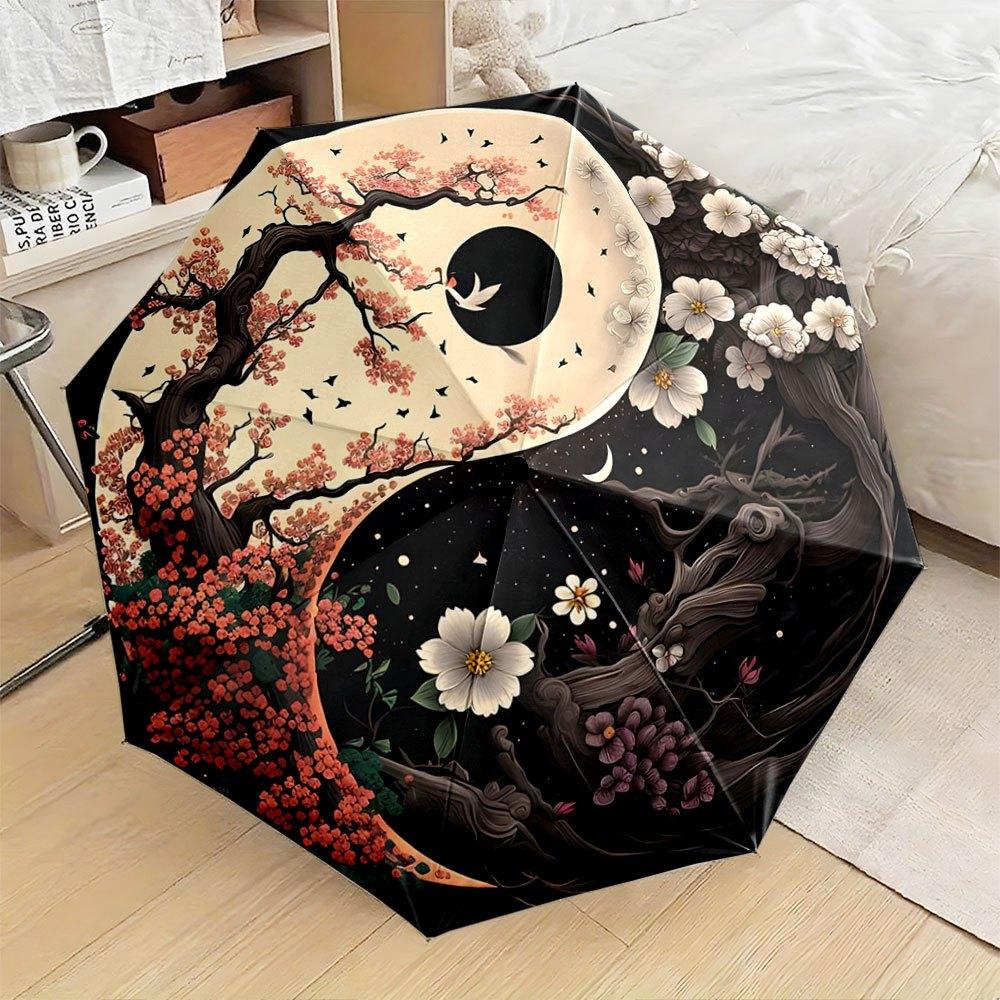 

Automatic Folding Umbrella A yin-yang design with cherry blossoms and night flowers. Portable collapsible design, casual outdo (as the picture,Iron&8K)