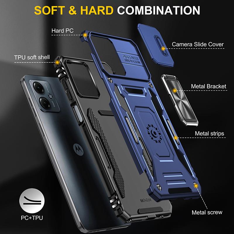 Armor Series For Motorola Moto G54 5G Case PC+TPU Kickstand Phone Cover with Slide Lens Protector
