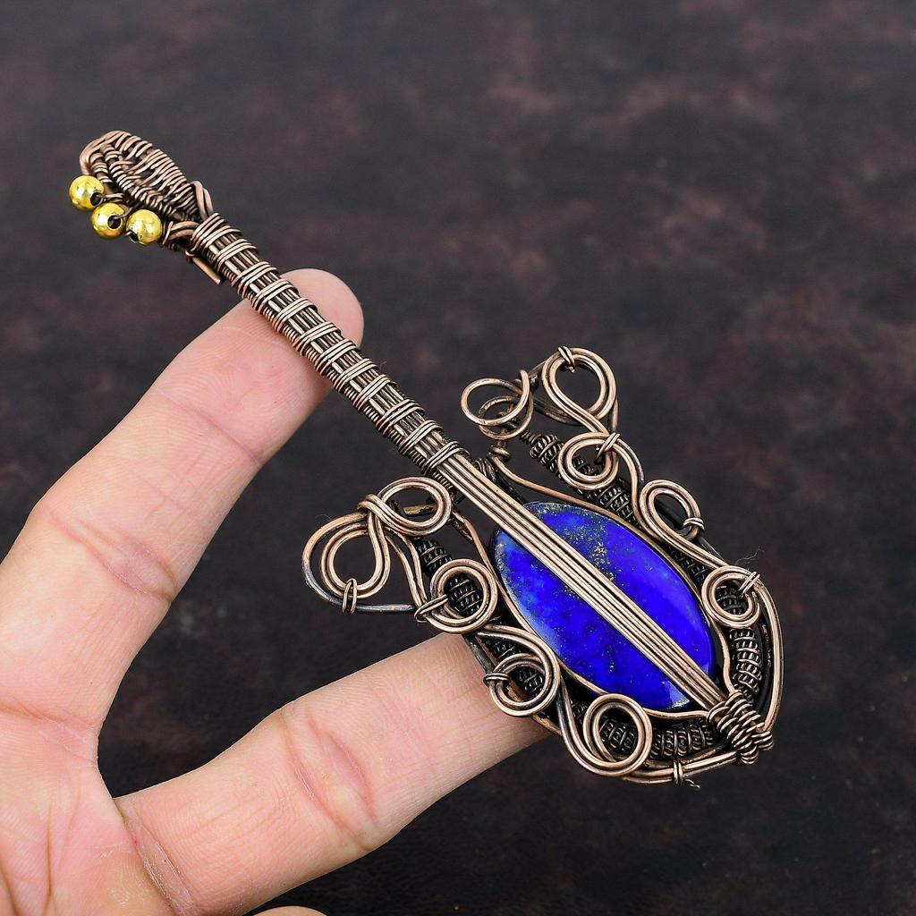 Lapislazuli Anhänger Kupferdraht umwickelter Anhänger Handgefertigter Anhänger Natursteinanhänger Schöner Kupferschmuck Gitarrenanhänger zum Geschenk