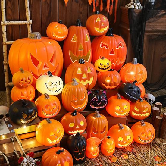 Halloween Pumpkin Light Spooky Carved Plastic Pumpkin Lantern Light-up Pumpkin Figurine for Outdoor Indoor Porch Room Decoration