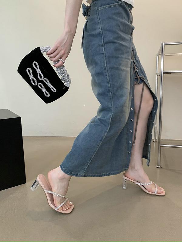 Square Head with Rhinestone High Heels Women's New Thick Heel Transparent Crystal Heel Sandals One Pedal