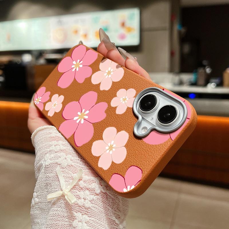For iPhone 17 Pro Max Case Fresh Style Cherry Blossom Pattern Leather Texture Soft Silicone Cover For iPhone 16 15 14 13 Pro 12 11 16E Air