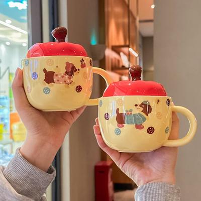 Milch Fufu süßer Apfel Dackel Keramiktasse mit Deckel Büro Milch Kaffeetasse Paar Trinkbecher