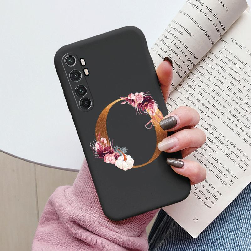Letter Case For Xiaomi Mi Note 10 Lite Back Cover Retro Flowers Pink Black Soft TPU Initial Fundas For Xiaomi Note10 Lite Coque