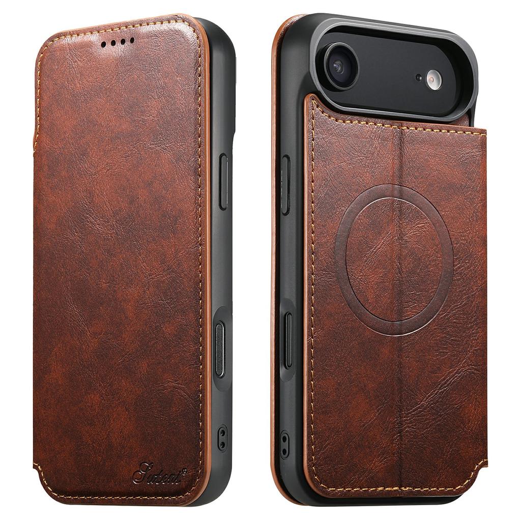 SUTENI J05 For iPhone 17 Air Case Compatible with MagSafe Textured PU Leather Flip Phone Cover