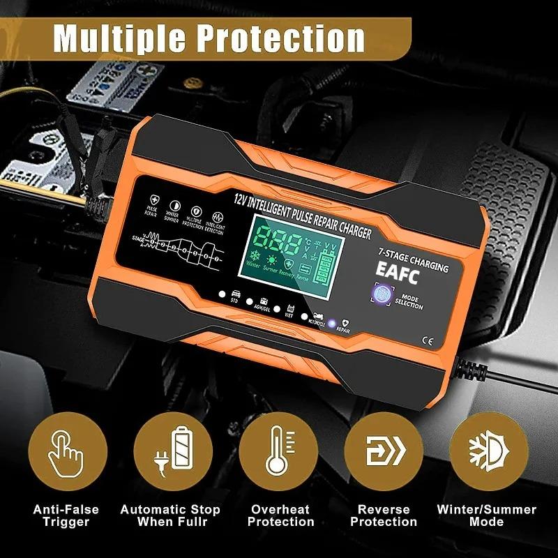 Car Battery Charger 12V 12A Charge for Car Batteries 7-Stage Charging Pulse Repair for AGM GEL WET Lead Acid LCD Display