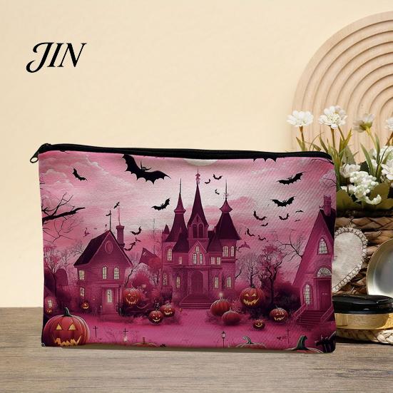 Festive Canvas Makeup Organizer Storage Bag, with Halloween Pumpkin Ghost Print, Smooth Portable Miscellaneous Item Bag Zipper for Travel Cosmetic