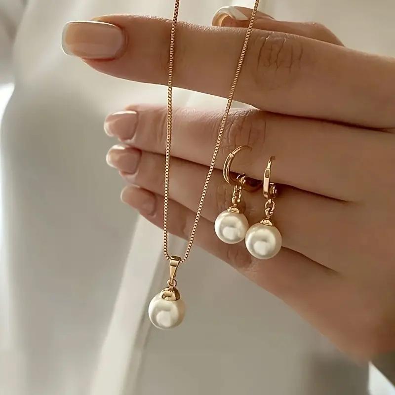 3 Pcs Minimalist Round Imitation Pearl Earring Necklace for Women Vintage Elegant Box Chain Necklace Wedding Jewelry Set Gift