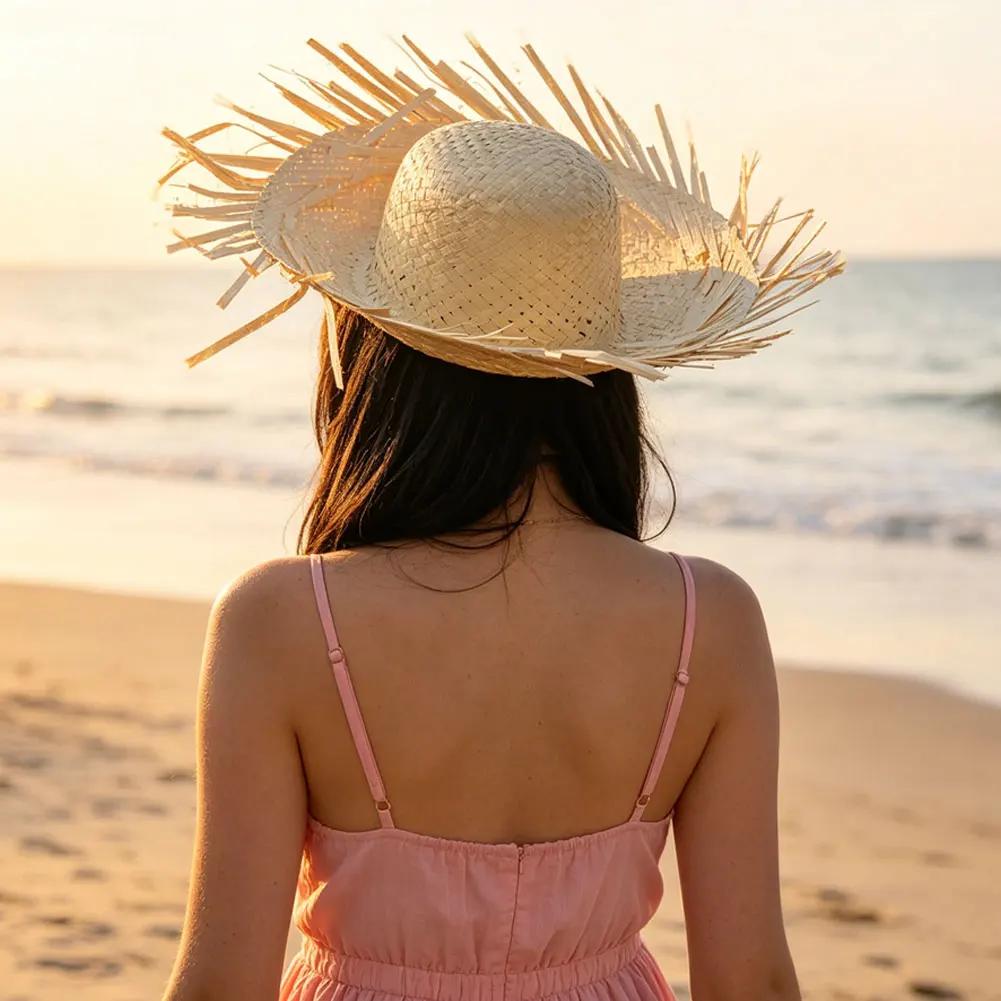 Hand Woven Straw Sun Hat Wide Brim UV Protection Travel Outdoor Hat Lightweight Breathable Sun Visor Hat Summer Travel Headwear