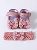Baby Girls Lace Pearl Rhinestone Bow Crib Shoes & Matching Crochet Headband Set, Soft Dot Anti-Slip Magic Tape Mary Jane Princess Shoes