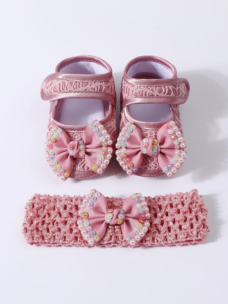 Baby Girls Lace Pearl Rhinestone Bow Crib Shoes & Matching Crochet Headband Set, Soft Dot Anti-Slip Magic Tape Mary Jane Princess Shoes