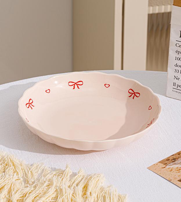Bow Pattern Ceramic Plates Household 8 Inch Underglazed Colour Cream Wind High End Dinner Tableware Aesthetic Pink Deepen Dish