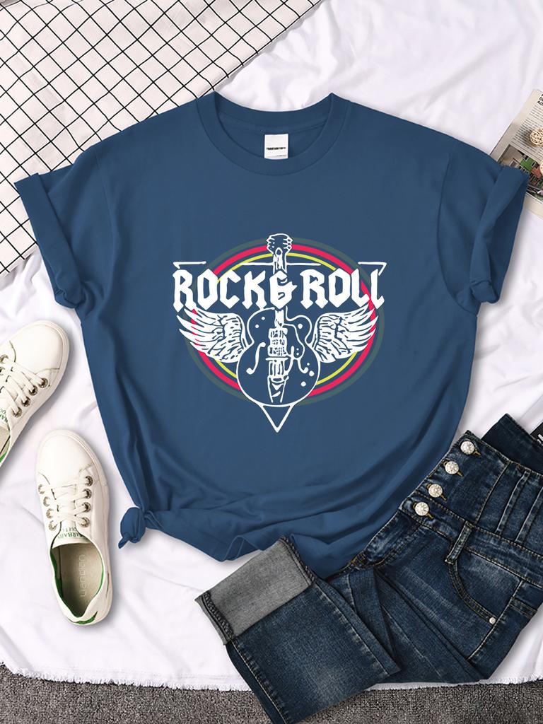Rock Roll Electric Guitar Printed T-Shirt Women Casual Comfortable Tops Breathable Cool Short Sleeve O-Neck Street Tee Clothing