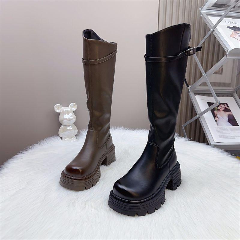 Fat sister fattened and widened thick-soled high boots female British wind side zipper velvet knight boots female elastic boots winter