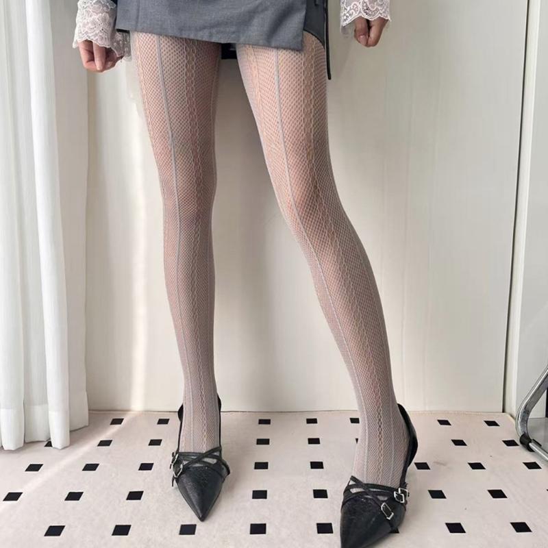 Womens Japanese Hollowed Out Tights Stockings Aesthetic Vertical Striped Patterned See Through Mesh Pantyhose