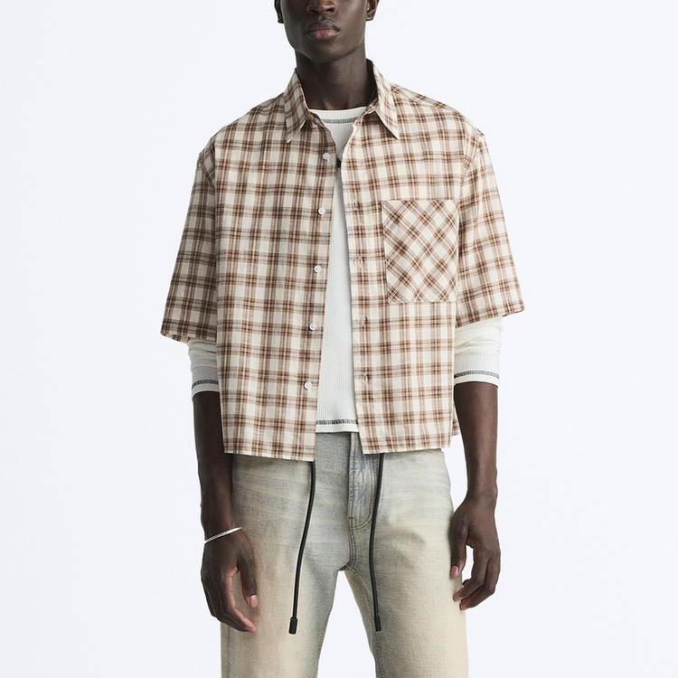 Zara Color Block Checkered Square Neck Short Sleeve Shirt Men shirts Khaki 2688340-710