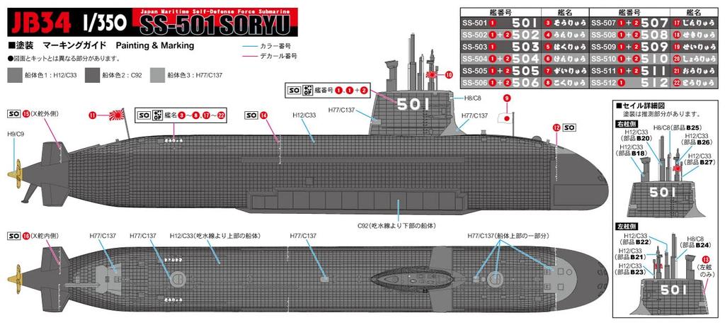 Pit-Road 1/350 Skywave Series Japan Maritime Self-Defense Force Submarine SS-501 Soryu Plastic Model Kit JB34