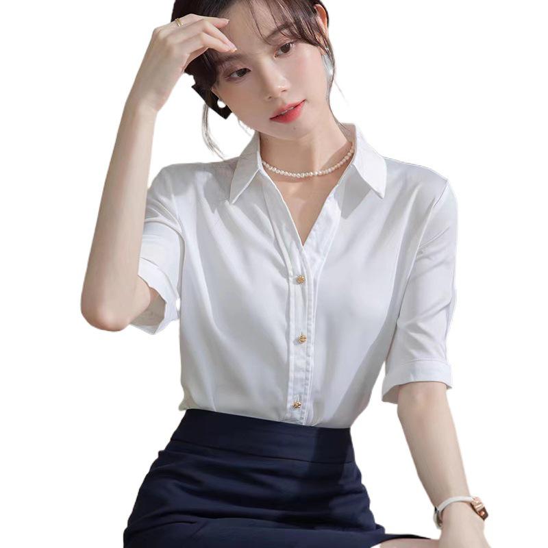 Women's Blue V-Neck Short Sleeve Professional Shirt for Interviews and Workwear