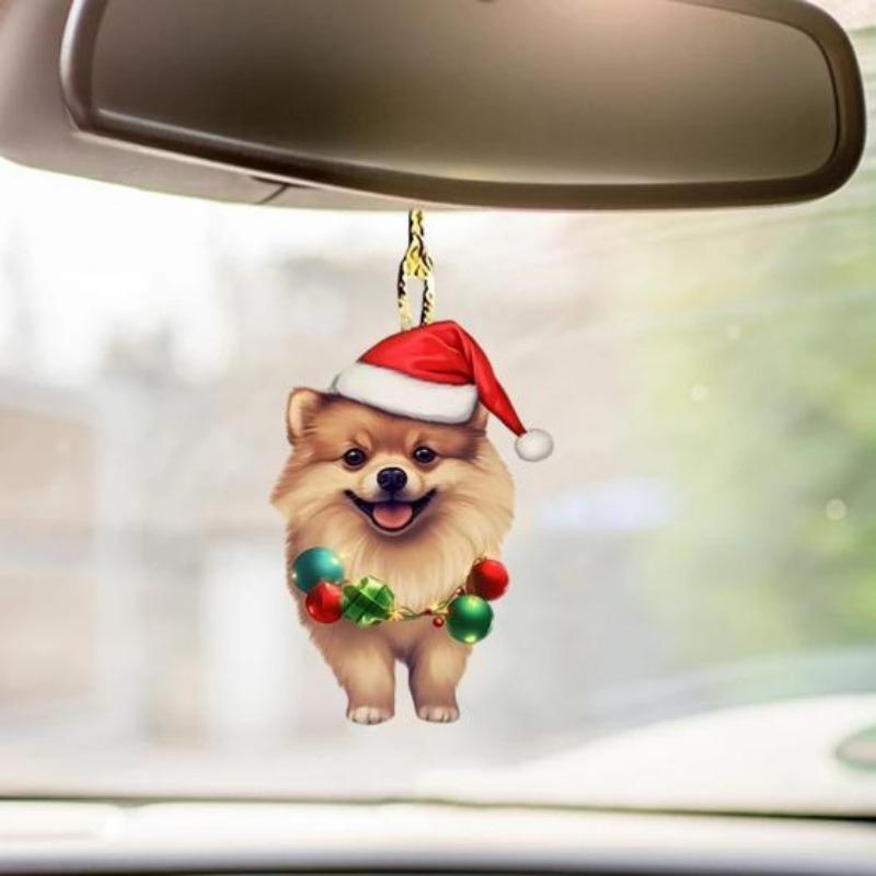 Christmas Dog Rearview Mirror Pendant Car Ornament Decoration Cute Puppy Wearing Christmas Hat Christmas Tree Decorations Car Accessories