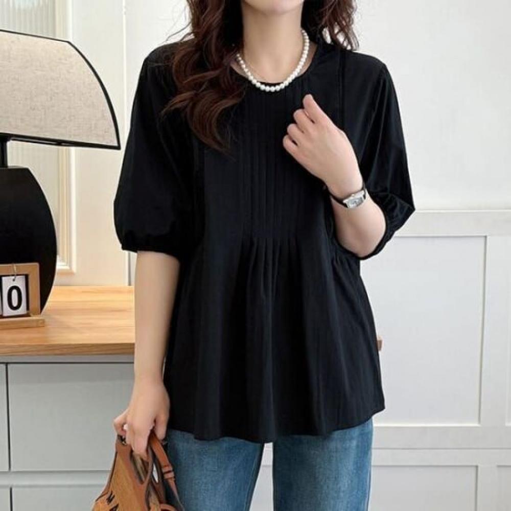 Navava Women Lovely Shirring Round Neck Short Sleeve Blouse Nb2672