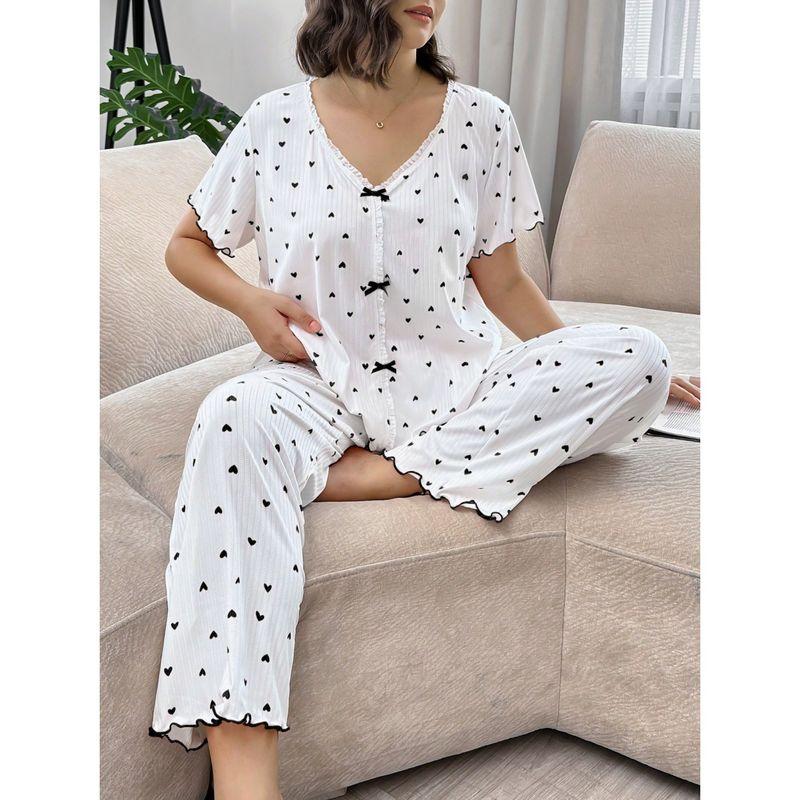 Plus Size Homewear Love Print V-neck Short Sleeve Trousers Can Be Worn Outside Plus Size Home Dressing