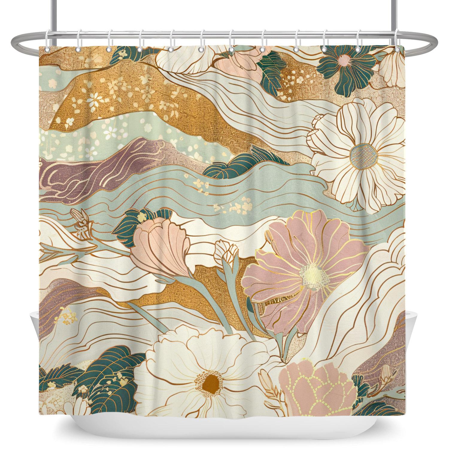 

Luxury Gold Floral Shower Curtain Elegant Peony Wave Print Waterproof Bath Curtain For Bathroom Decor Polyester Fabric With Hook W60H190(CM)-1 Pcs